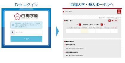 大学ポータルのURLへアクセスするとExticのログイン画面が表示されるので、ログインしてください。ポータルサイトが表示されます